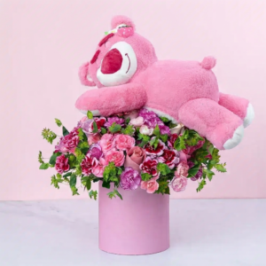 Box de Flores con Peluche Osito Rosado